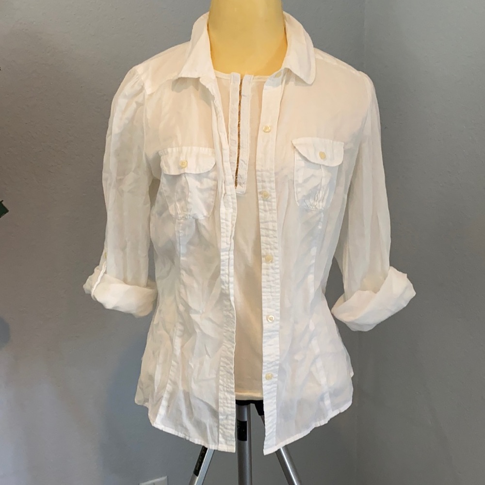 White sheer button up blouse women’s size medium